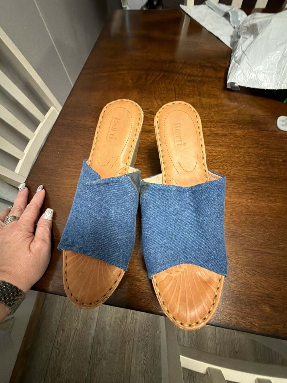 Born Denim Slide Wedge Sandals with Cork Heel